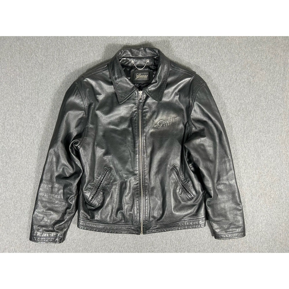 Guess Legendary Classics Leather Jacket Mens Black Moto Chain Zip Genuine L